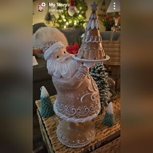 Festive Santa with Christmas Tree Figurine - Brown and White